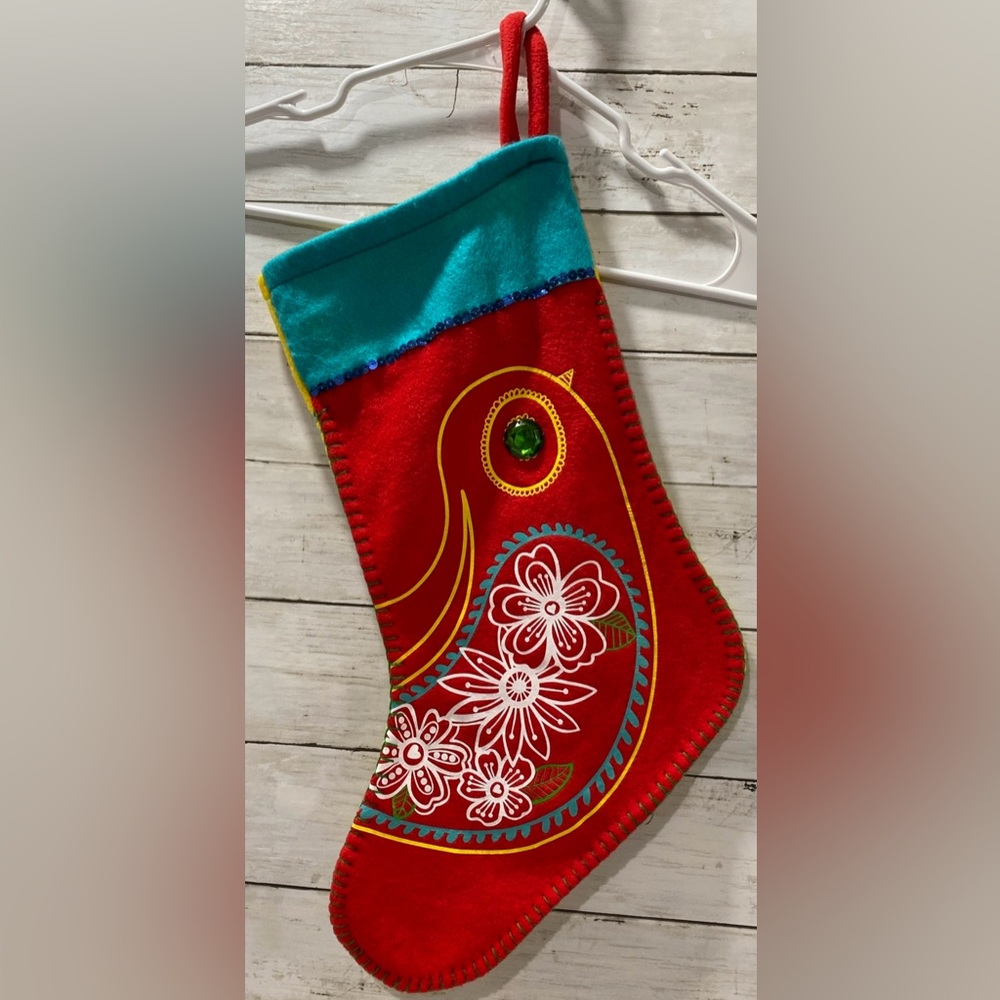 Old Navy Christmas Stocking Felt Bird Boho Floral Bead Sequins One Size